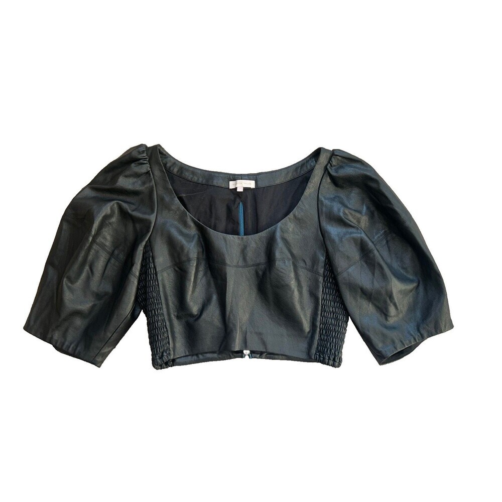 Women's Rebecca Taylor Black Vegan Leather Puff Sleeve Cropped Top Size 2